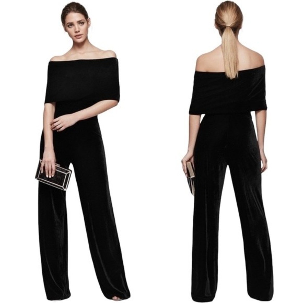 Reiss Tami Off the Shoulder Black Velvet Jumpsuit Size 4